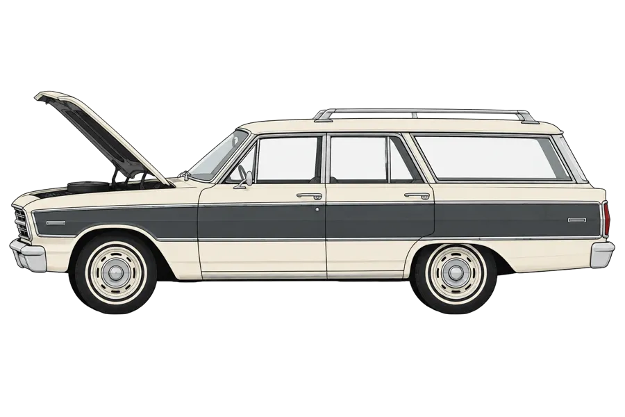 Illustration of a classic station wagon with its hood open